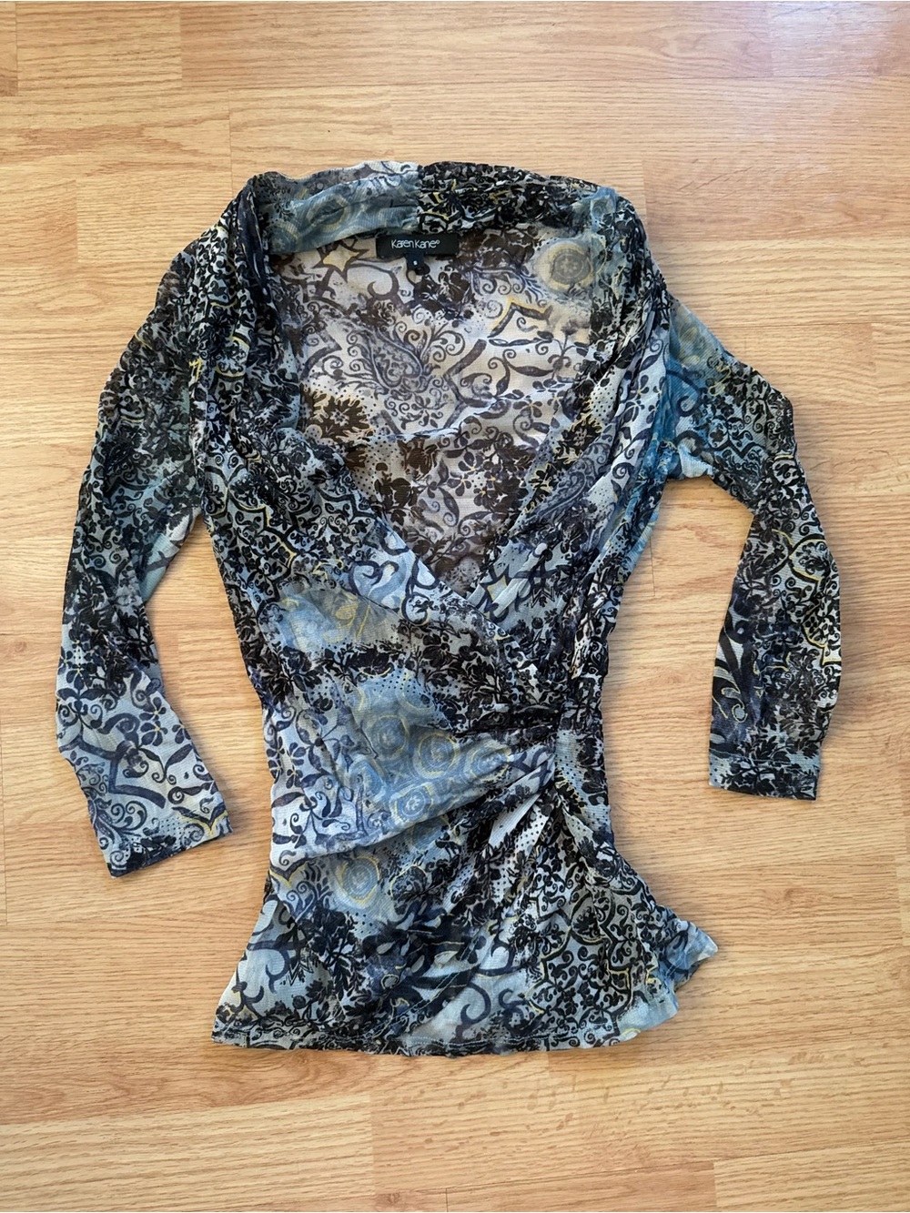 Vintage Karen Kane Sheer Mesh Paisley Wrap Blouse Size Small Y2K Whimsigoth